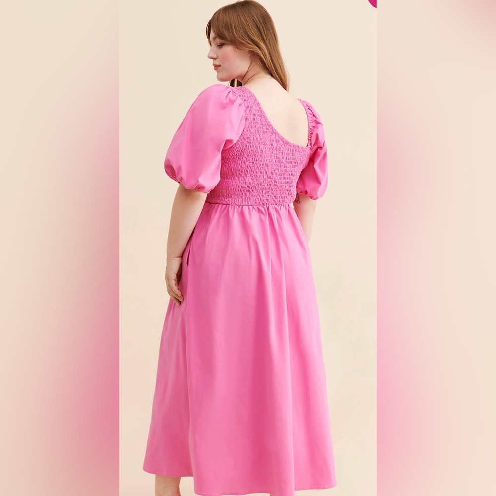 Eloquii Vibrant Barbie Pink Smocked Asymmetric Neck Maxi Dress - Picture 3 of 16